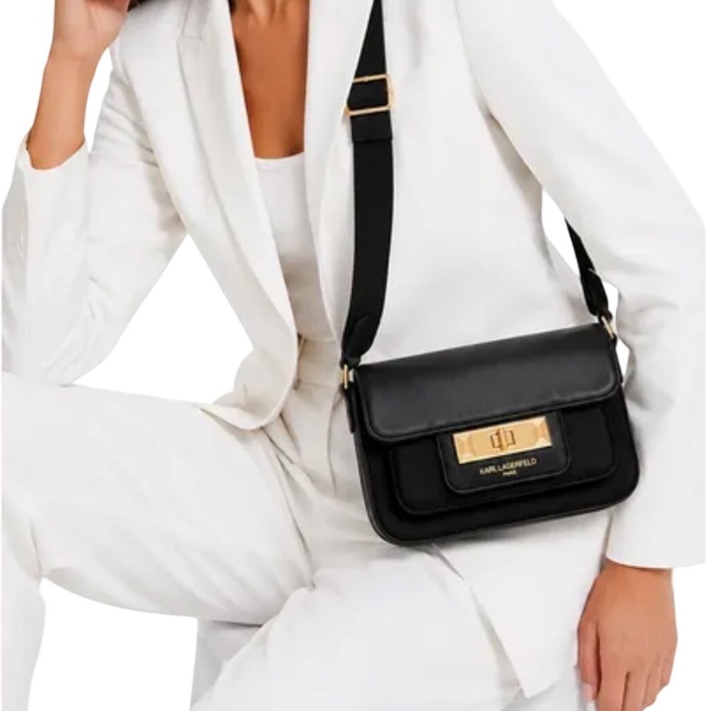 Karl Lagerfeld Paris Maybelle Black Leather Crossbody Camera Bag Gold Hardware